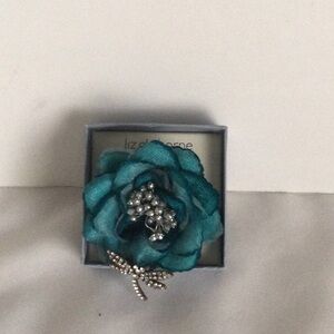 Teal Flower Brooch with Rhinestones